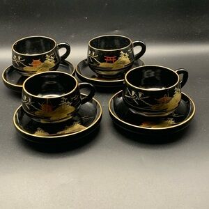 Vintage Japanese Japan Hand Painted Tea Cups Saucers Lacquerware Temple Lot of 4